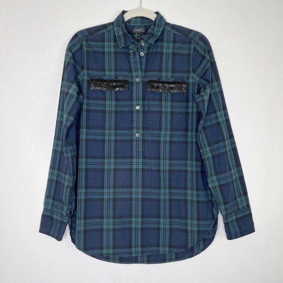 J. Crew Plaid Chevron Beaded Pocket Half Button Shirt 12 - Picture 4 of 7